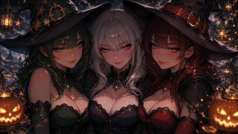 Three anime-style witches with green, white, and red hair standing together at night with glowing pumpkins.