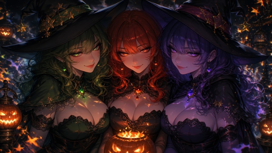 Three anime-style witches with green, red, and purple hair posing together in a magical night setting surrounded by glowing jack-o'-lanterns.