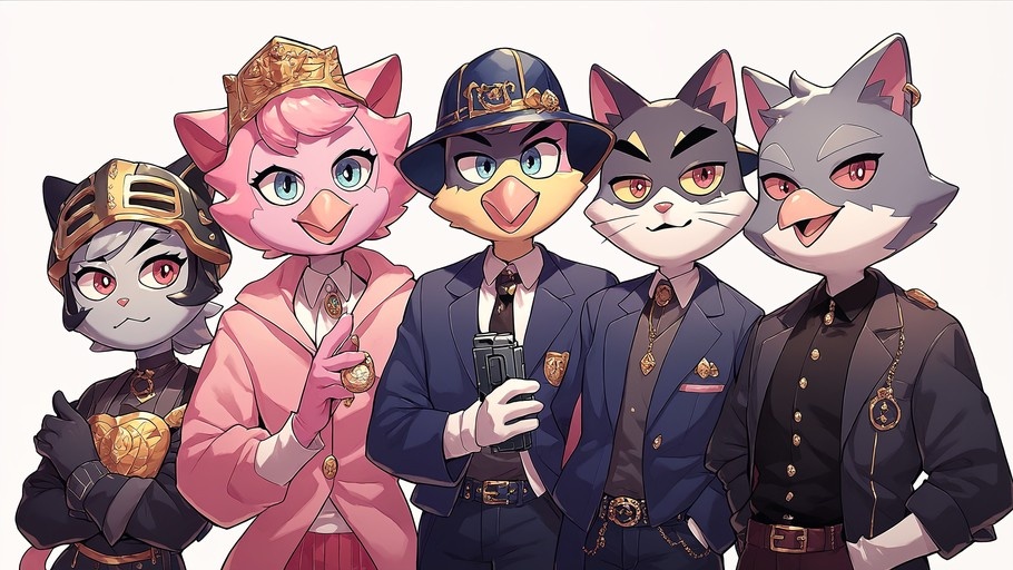 Five anthropomorphic animal characters standing together, including a crowned pink platypus, a bird police officer, and cats in armor and suits.