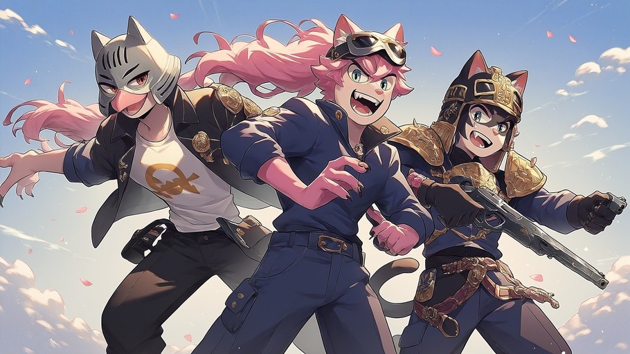 Three anthropomorphic cat girls running through the sky with weapons and helmets.
