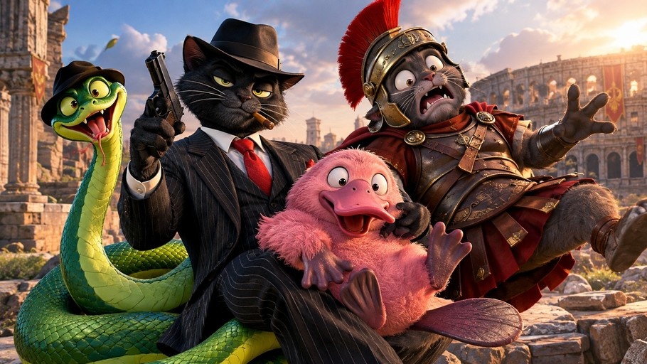 A group of four anthropomorphic animal characters including a mafia cat with a gun, a green snake in a hat, a pink platypus, and a Roman soldier cat posing in front of ancient ruins.