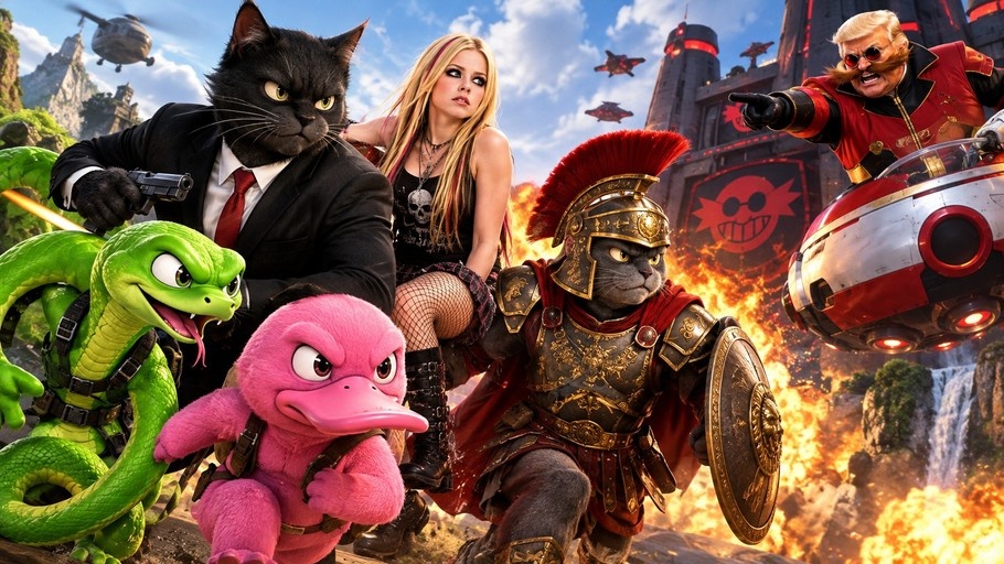 A blonde woman resembling Avril Lavigne stands with a black cat in a suit, a green snake, a pink platypus, and a grey cat in Roman armor while Donald Trump as Dr. Robotnik flies by in a vehicle.