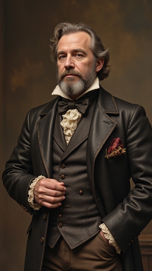 A distinguished older man with grey hair and a beard wearing a dark leather coat, ruffled white shirt, and black bowtie in an Old Master painting style.
