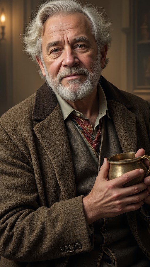 Portrait of an elderly man with a white beard holding a brass cup in the style of an old master painting.