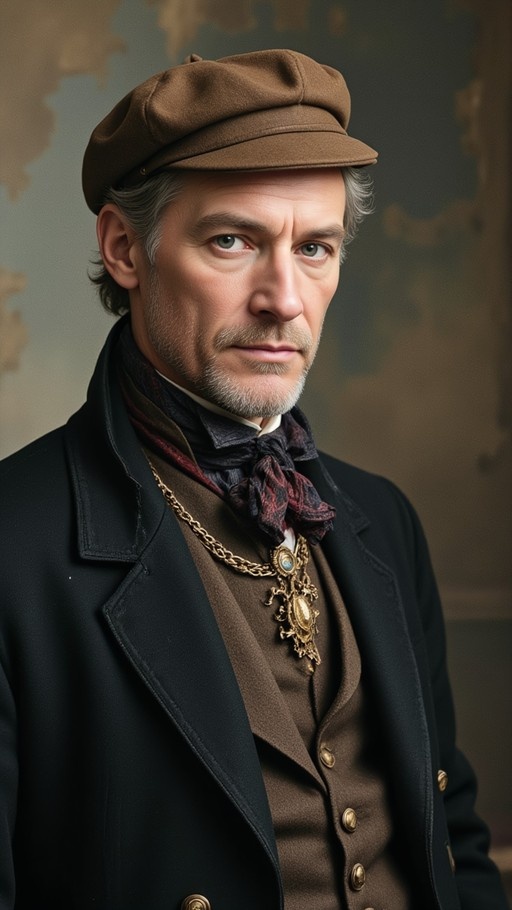 Portrait of a grey-haired man wearing a brown cap, cravat, and gold chain.