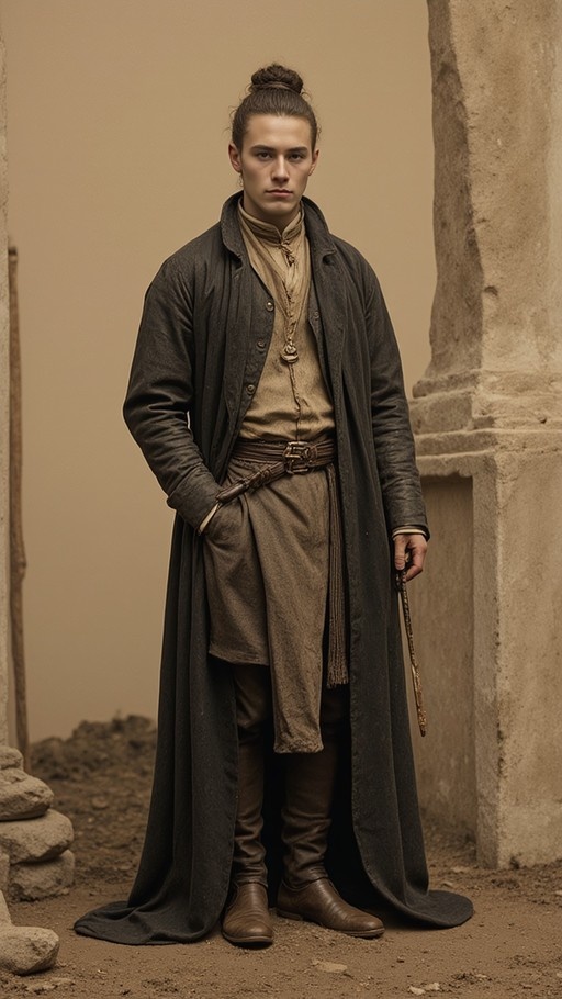 A full-body sepia-toned portrait of a young man with his hair in a bun, wearing a long dark coat and tunic, standing next to a stone pillar while holding a wooden staff.