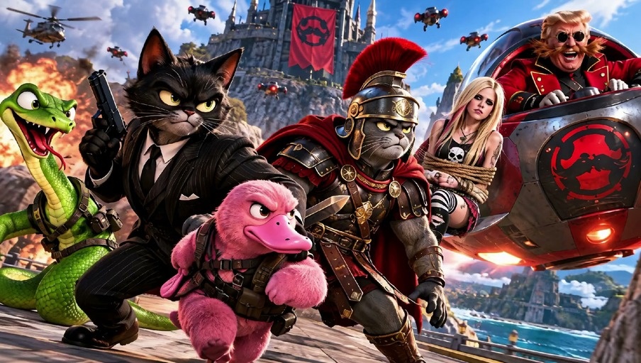 Anthropomorphic animals rescue Avril Lavigne from Dr. Robotnik near a castle.