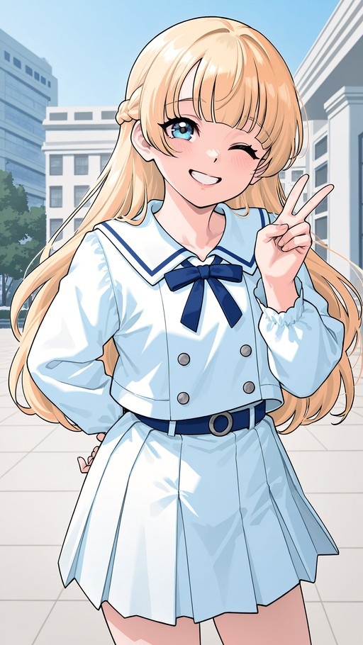 Blonde anime girl in blue sailor uniform winking and making a peace sign.