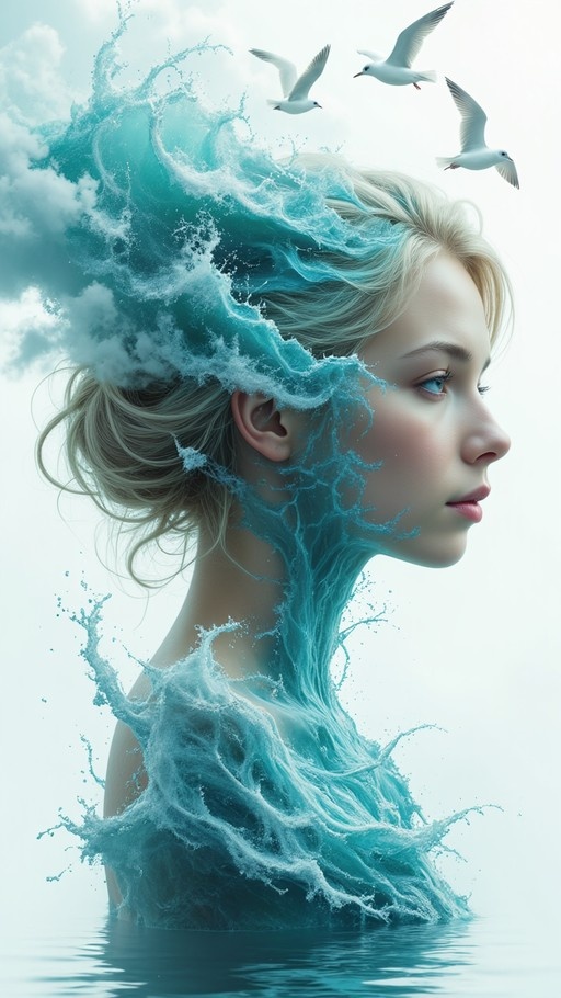 A surreal digital illustration of a blonde woman in profile whose hair transforms into a large turquoise ocean wave with white foam, while three seagulls fly above against a cloudy sky.