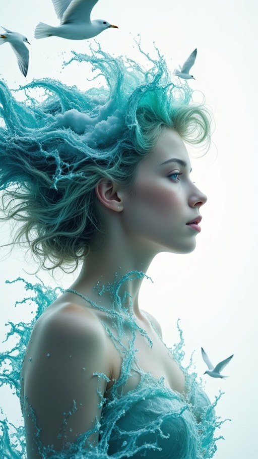 A side profile portrait of a serene young woman with blue eyes, her hair merging into splashing turquoise ocean waves and sea foam while white seagulls fly around her head against a bright background.