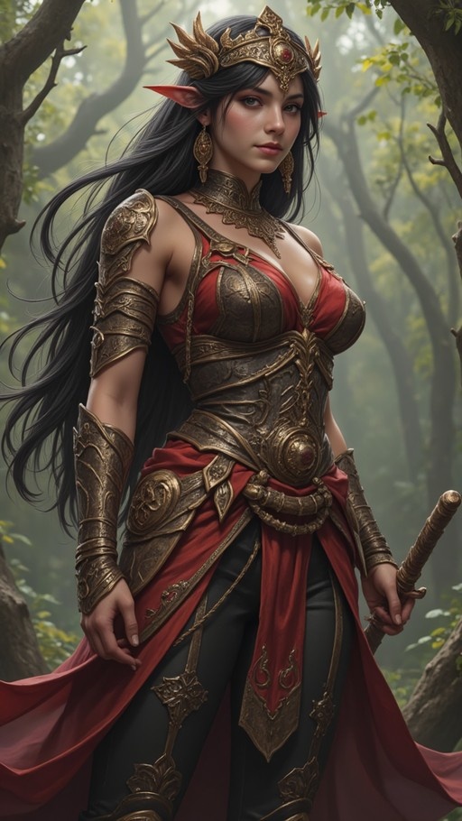 A digital painting of a female elf warrior with long black hair wearing ornate gold and red armor while holding a sword in a misty forest.