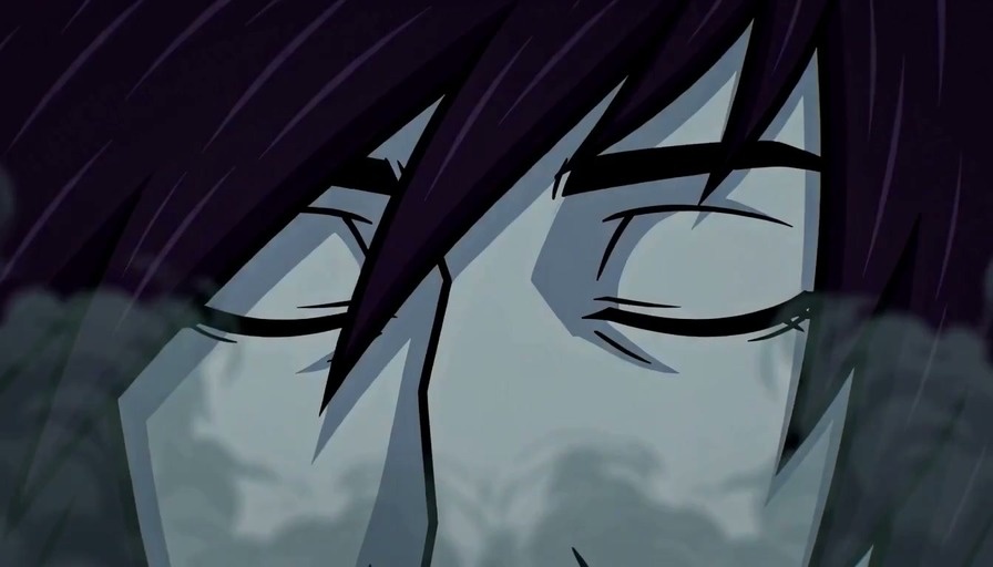 Momo Kaito floats in a dark void with glowing green eyes as giant green crypto candlesticks erupt from the ground.