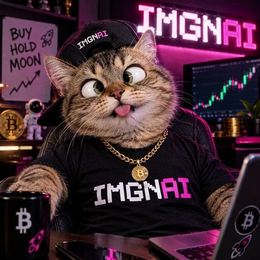 A tabby cat wearing a cap and gold chain celebrates excitedly while watching a cryptocurrency chart rise on a laptop screen.