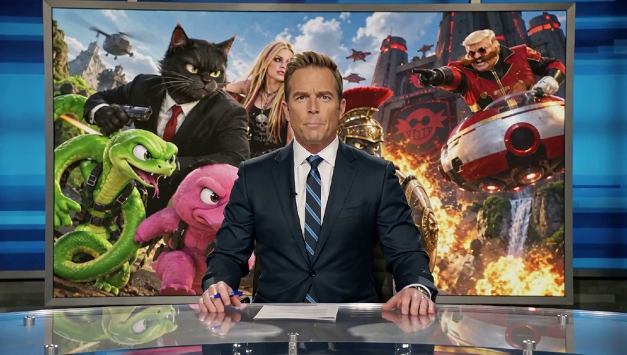 A male news anchor reports on a rescue, then interviews an anthropomorphic black cat in a suit while Avril Lavigne appears behind him.