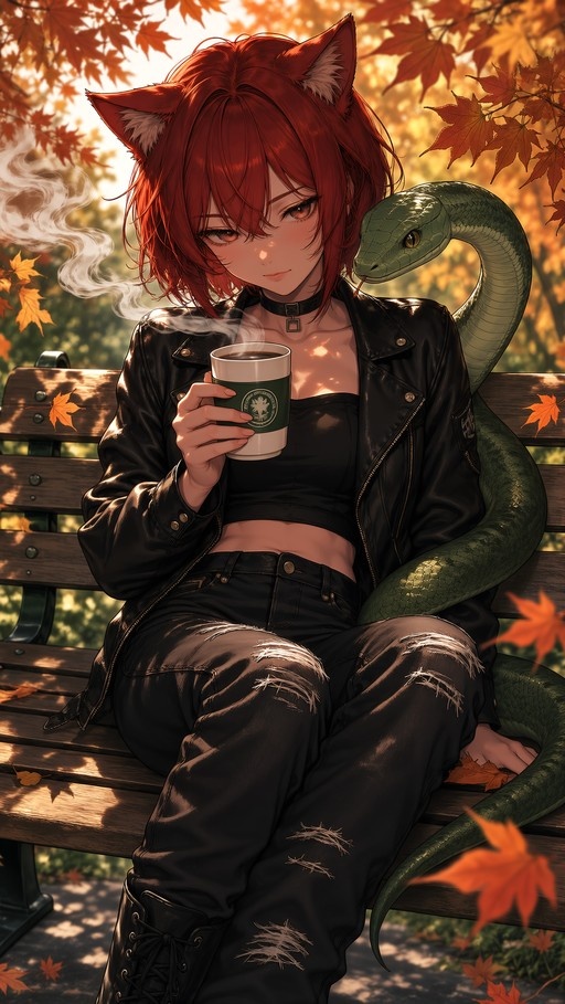 Red-haired cat-girl sitting on a park bench holding coffee with a green snake around her shoulders in autumn.