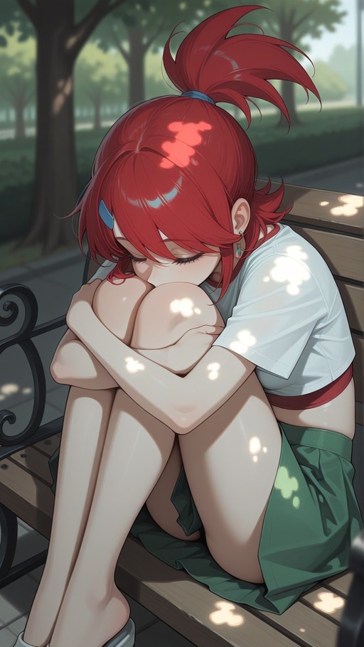 A red-haired anime girl in a green skirt and white t-shirt sits on a wooden park bench, hugging her knees with eyes closed while dappled sunlight falls around her.