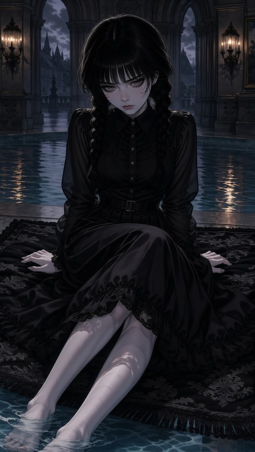 Wednesday Addams sitting by a pool with feet in water, wearing black dress and twin braids.