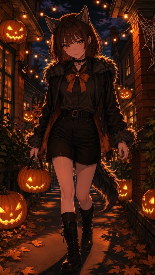 A smiling anime girl in a werewolf costume with ears and tail holds a glowing pumpkin bucket on a Halloween street decorated with string lights and carved pumpkins.