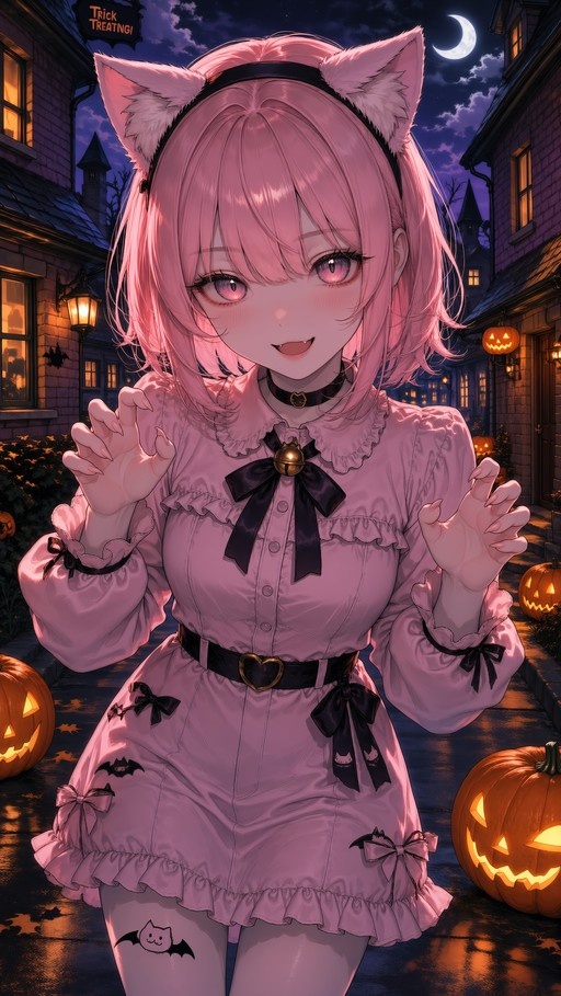 Anime girl with pink hair and cat ears in a pink dress standing on a Halloween street with pumpkins.