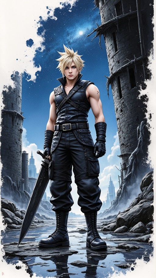 Cloud Strife stands holding his Buster Sword in a ruined landscape under a moonlit sky.