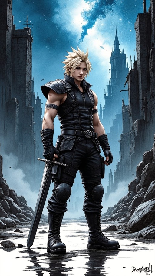 Cloud Strife stands holding his Buster Sword in a ruined gothic cityscape under a blue sky.