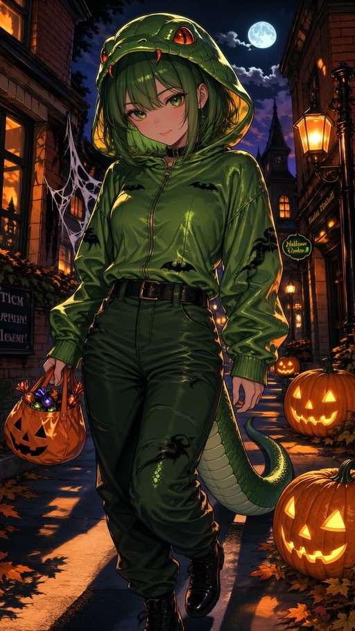 Anime-style girl with green hair and a snake tail wearing a green hoodie with a snake head hood, holding a pumpkin candy bucket on a Halloween street.