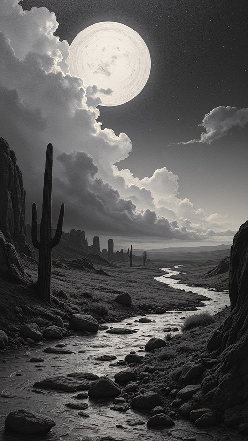A monochrome desert landscape featuring a large full moon, dramatic clouds, a rocky stream, and tall cacti.