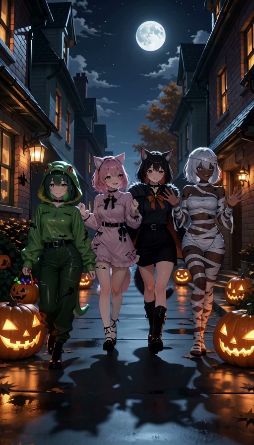 Four anime girls in Halloween costumes walking down a street at night with pumpkins.