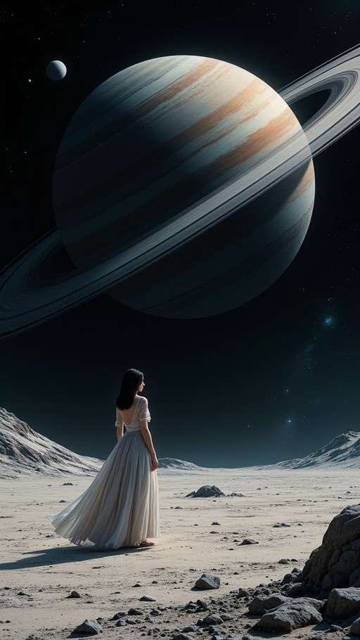 A woman in a white dress stands on a rocky asteroid surface looking up at a large ringed planet in space