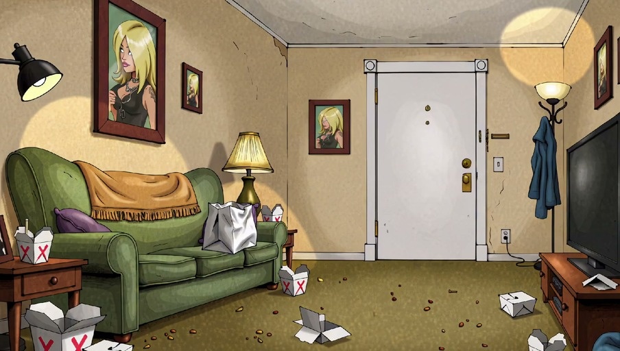A group of animated characters including a blonde woman, a black cat in a suit, a pink platypus, a Roman cat, a snake, and a demon pose in a messy living room for a sitcom title card.