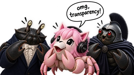 Three crabs on a white background; a central pink crab with headphones says "omg, transparency!" while flanked by two dark armored crabs.