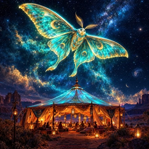 A giant glowing moth with turquoise and gold wings flies above an illuminated desert tent under a starry galaxy sky.
