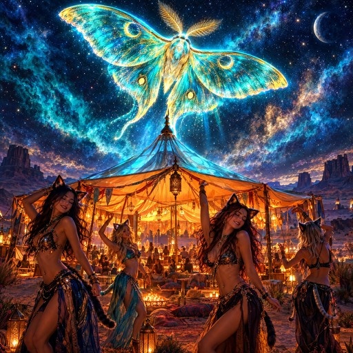 A giant turquoise and gold moth flies over a lit desert tent while four women with cat ears dance in the foreground under a starry sky.