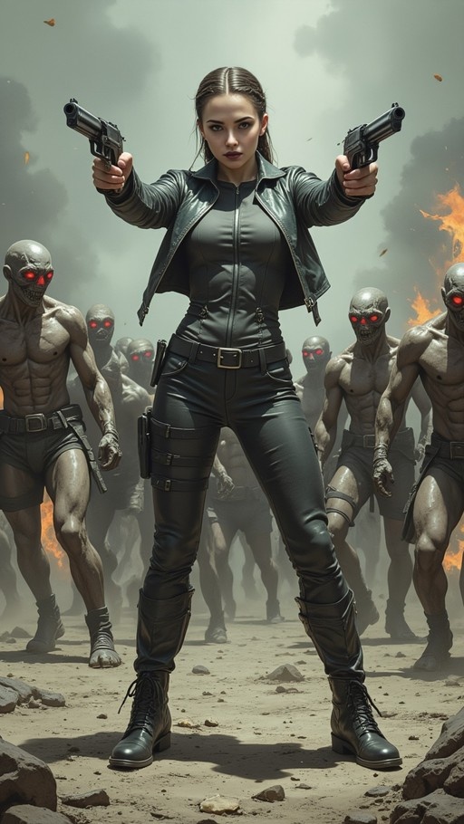 A woman in a tactical suit and leather jacket dual-wields revolvers while facing a horde of muscular mutants with glowing red eyes.
