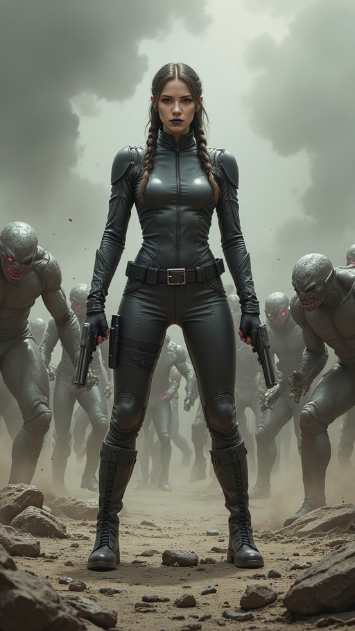 A woman with long braids and a dark tactical suit stands holding two pistols while facing a group of grey-skinned mutants in a rocky landscape.