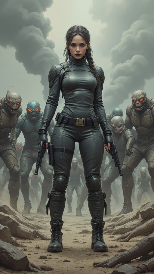 A woman in a black tactical outfit holding two guns stands before a group of monsters with red eyes.