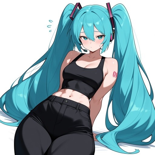 Hatsune Miku with long teal twin-tails wearing a black crop top and pants, sitting and blushing.