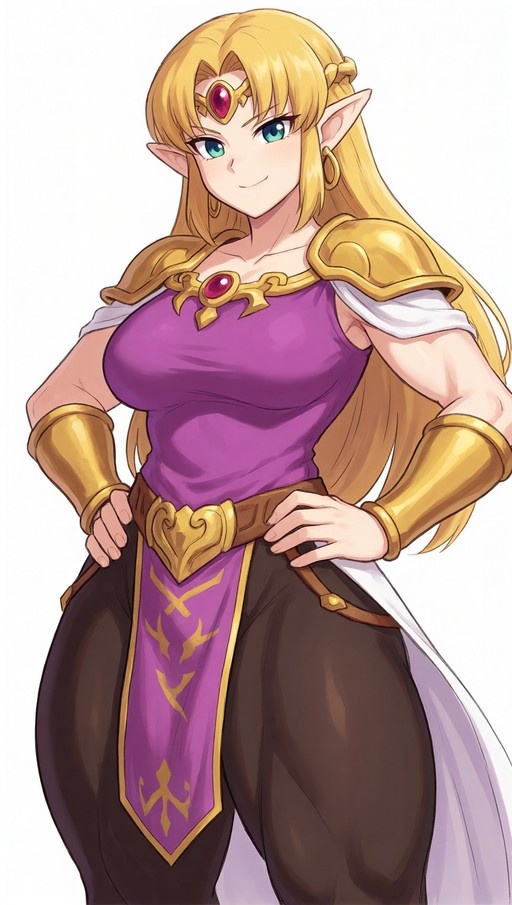 Princess Zelda stands with hands on hips wearing a purple top and gold armor.