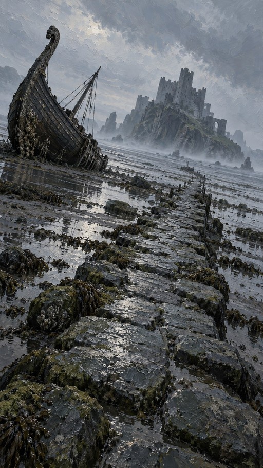A Viking longship beached on a wet tidal flat with a stone causeway leading to a distant crumbling castle in an oil painting style.