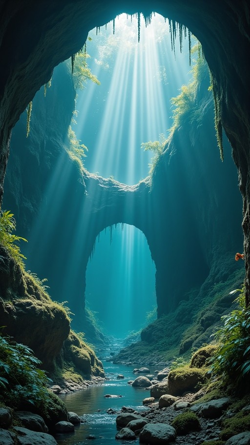 Sunlight streaming into a mystical cave with stone arches and a flowing stream.