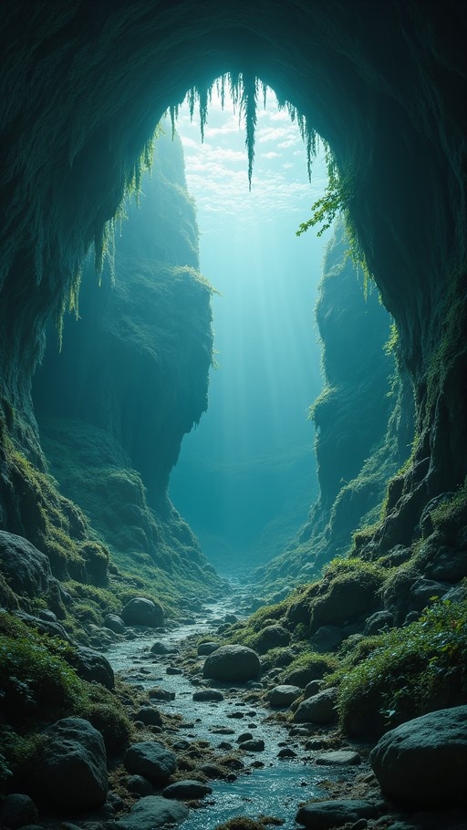 Sunbeams illuminating a moss-covered underwater cave with rocky terrain and hanging vegetation.