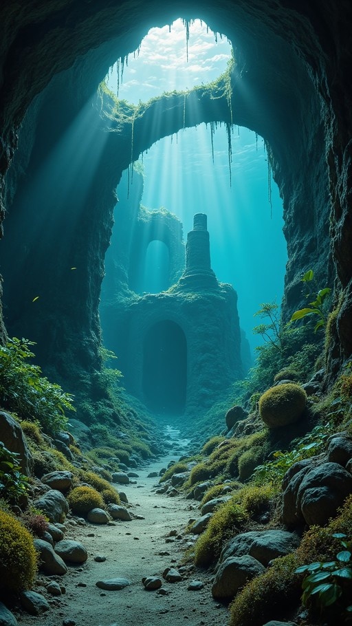 Sunlight beams pierce through the water surface into a deep cave, revealing moss-covered stone ruins and arches in the distance.