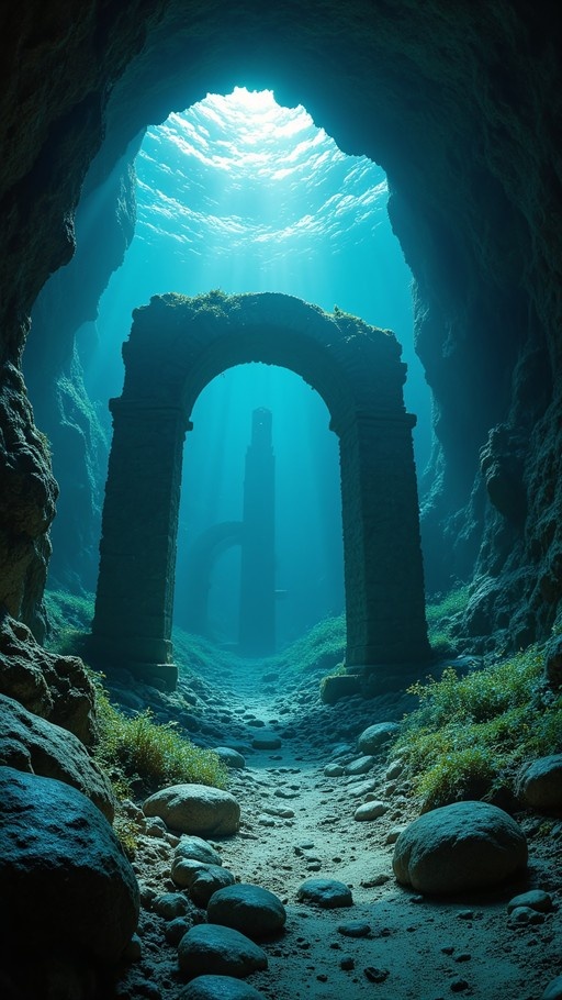 A view from inside a dark underwater cave looking out through a large stone archway towards sunlit ruins and the water surface above.