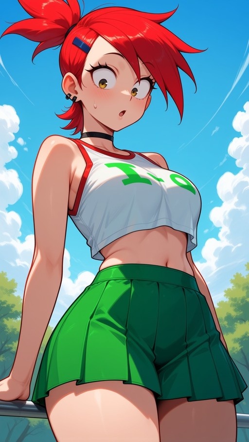 A surprised anime girl with red hair in a ponytail wearing a white crop top and green pleated skirt stands outdoors against a blue sky.