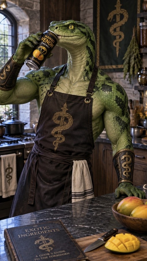 A green scaled yuan-ti wearing an apron drinks a can of mango venom energy in a kitchen with a cookbook and mangoes.