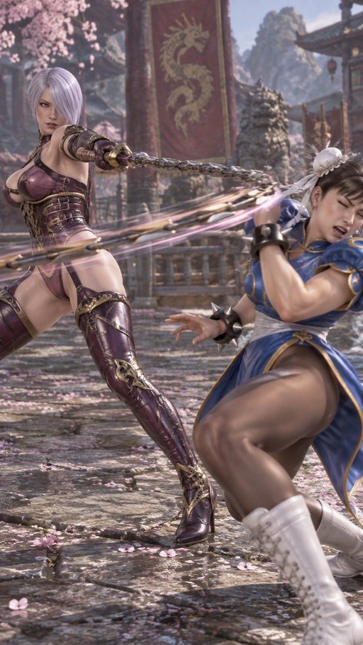 Ivy Valentine wielding a chain sword strikes at Chun-Li in a blue dress during an outdoor fight.