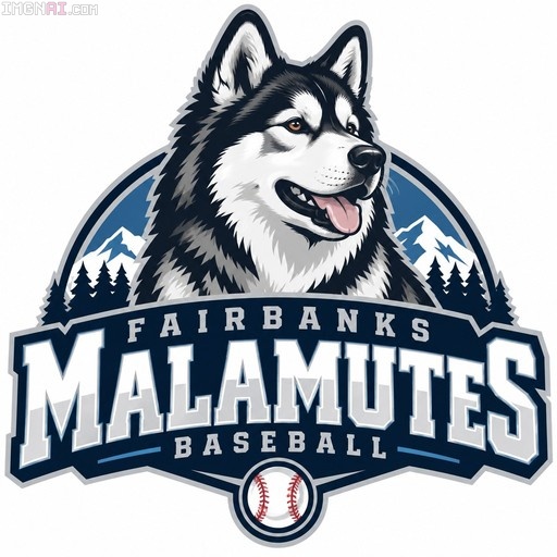 A digital logo for the Fairbanks Malamutes baseball team featuring a smiling Alaskan Malamute head against a backdrop of mountains and pine trees.