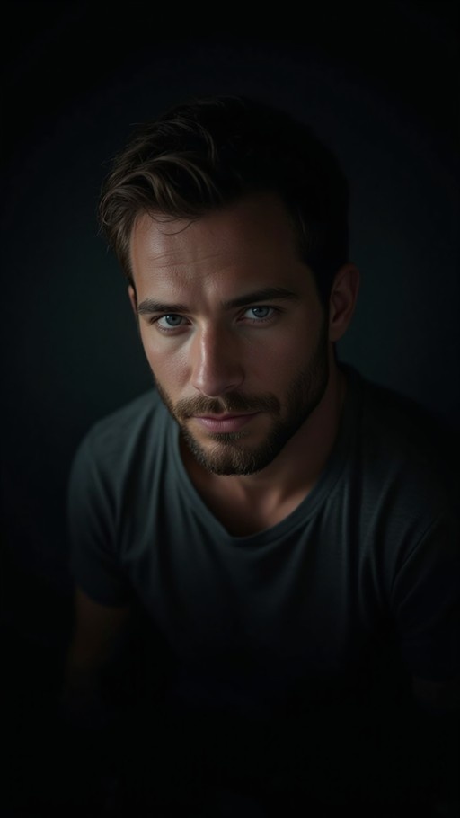 A close-up of a bearded man with blue eyes looking forward in dim cinematic lighting.