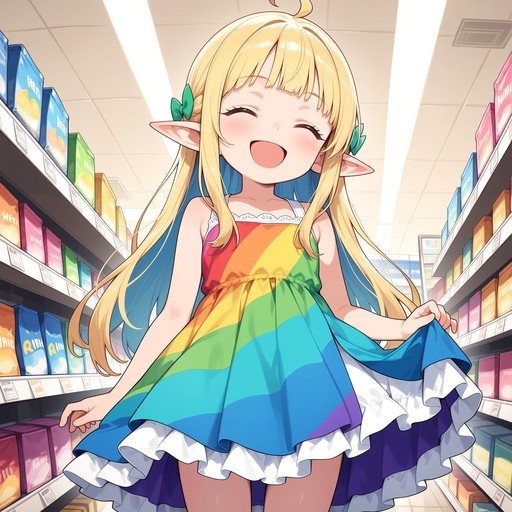 A young anime-style elf girl with long blonde hair and pointed ears laughs joyfully in a store aisle while wearing a sleeveless rainbow-striped dress with green bows in her hair.