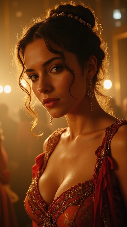 A cinematic portrait of a woman in a red evening gown with gold embroidery and her dark hair in an updo, looking at the viewer against a warm blurred background.